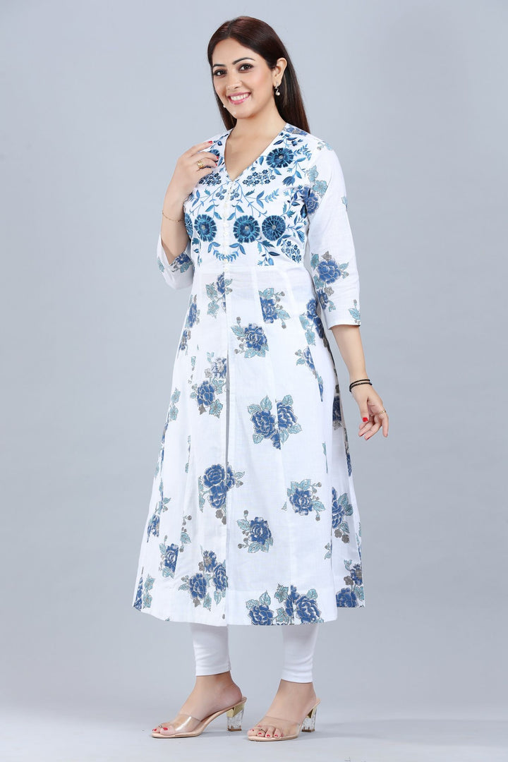 Hanshita Off White Cotton A Line Front Open Kurtis