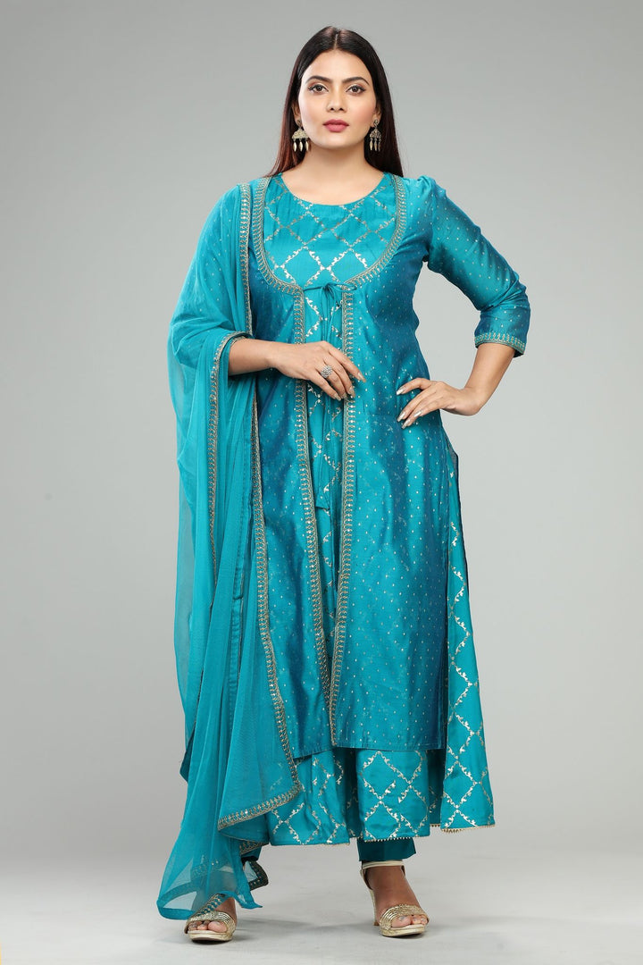 Teal Chanderi Embroidered Suit Set