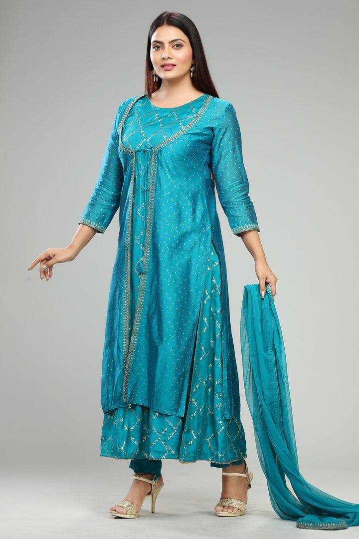 Teal Chanderi Embroidered Suit Set