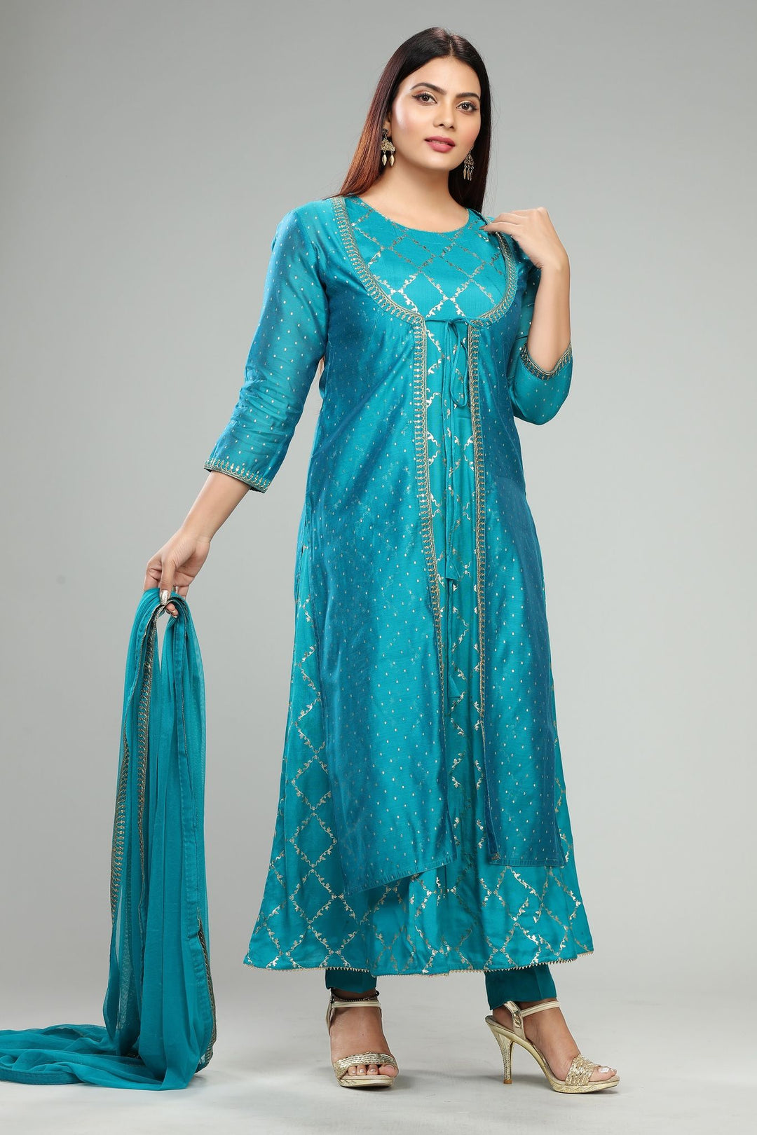 Teal Chanderi Embroidered Suit Set