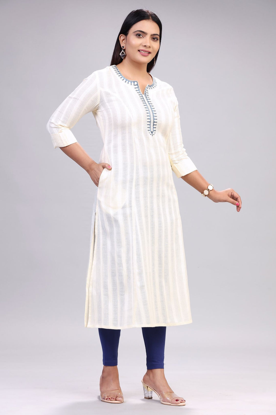 Off White Cotton Straight Solid Kurta