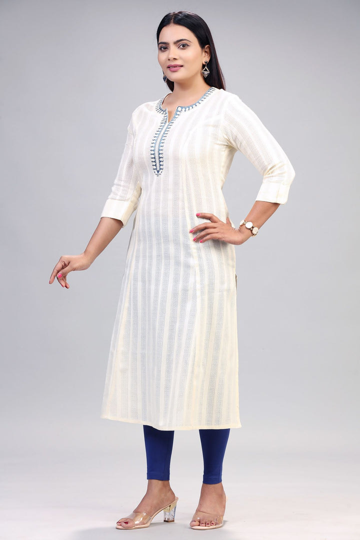 Off White Cotton Straight Solid Kurta