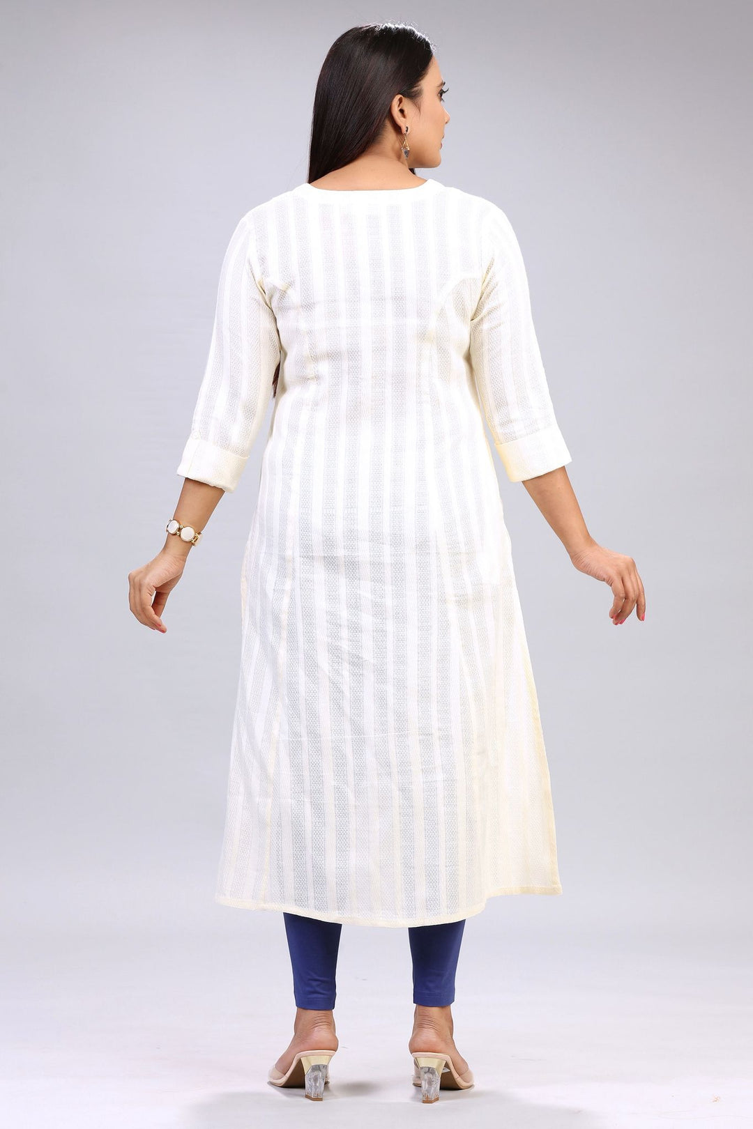 Off White Cotton Straight Solid Kurta