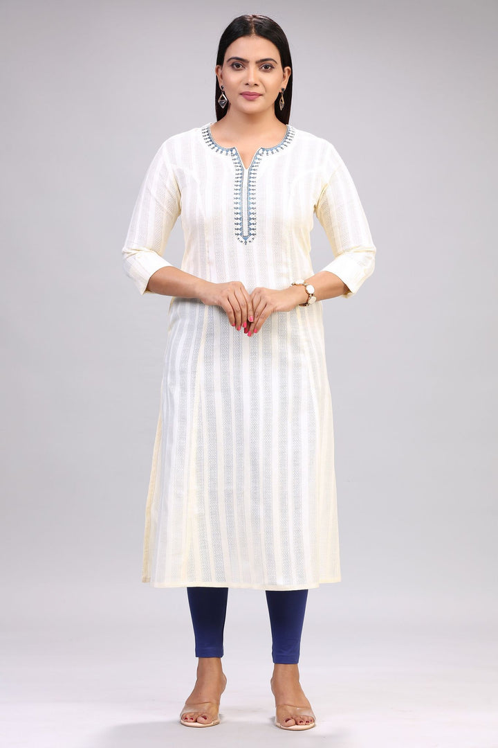 Off White Cotton Straight Solid Kurta