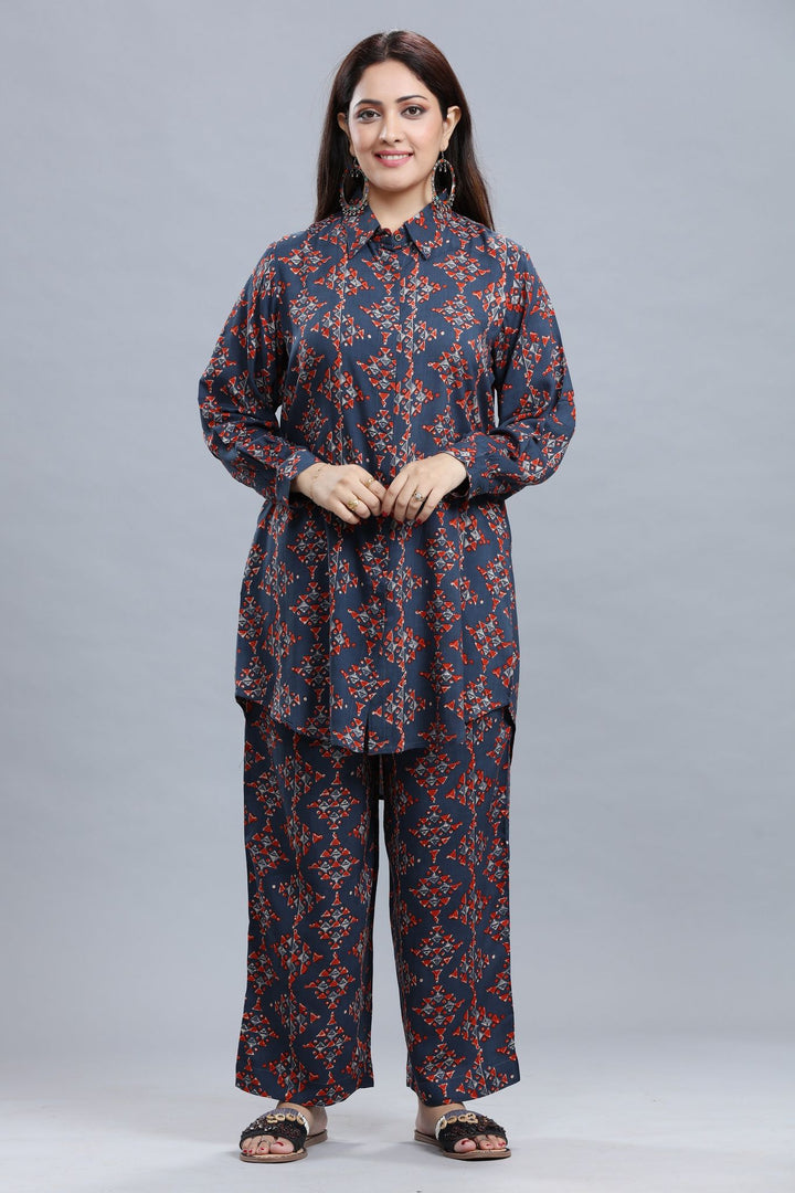 Indigo Rayon Straight Printed Kurta Pant Co ord Set