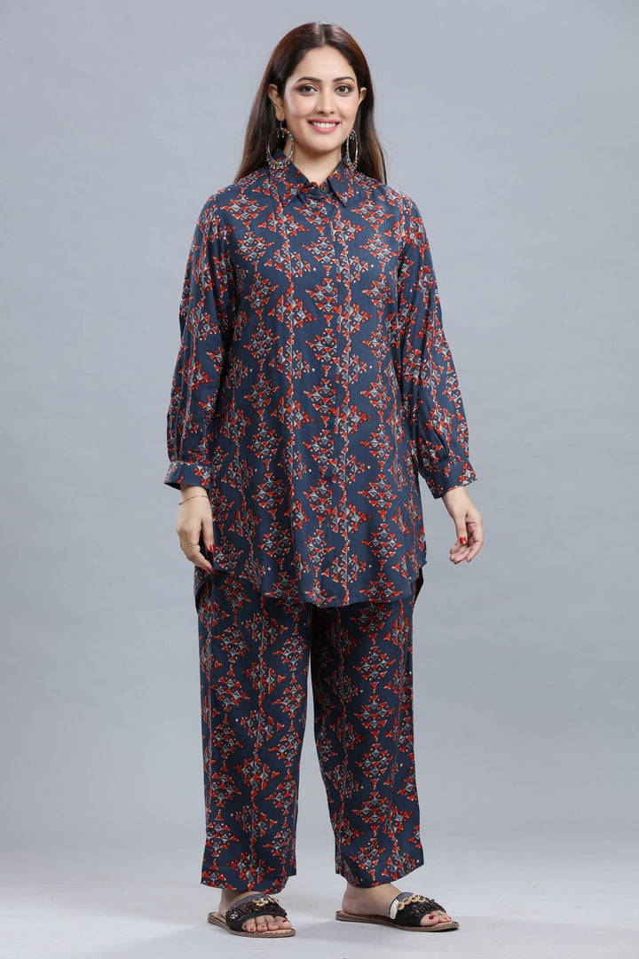 Indigo Rayon Straight Printed Kurta Pant Co ord Set