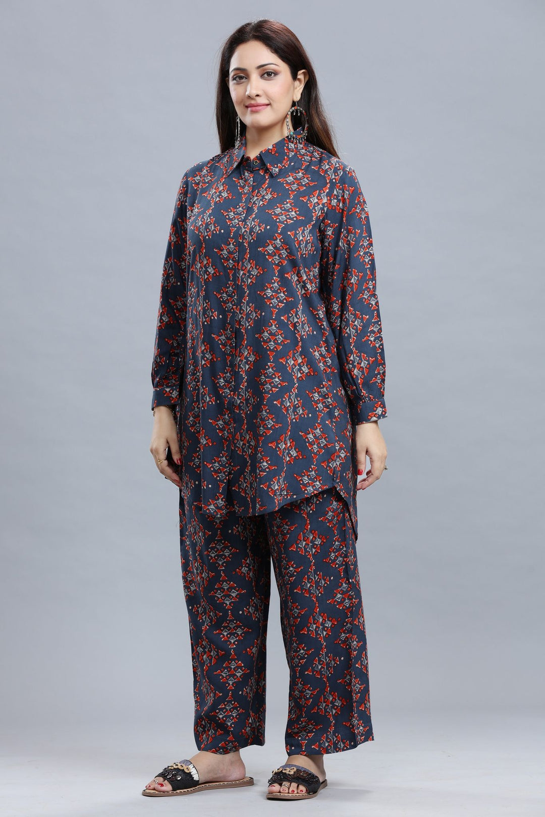 Indigo Rayon Straight Printed Kurta Pant Co ord Set