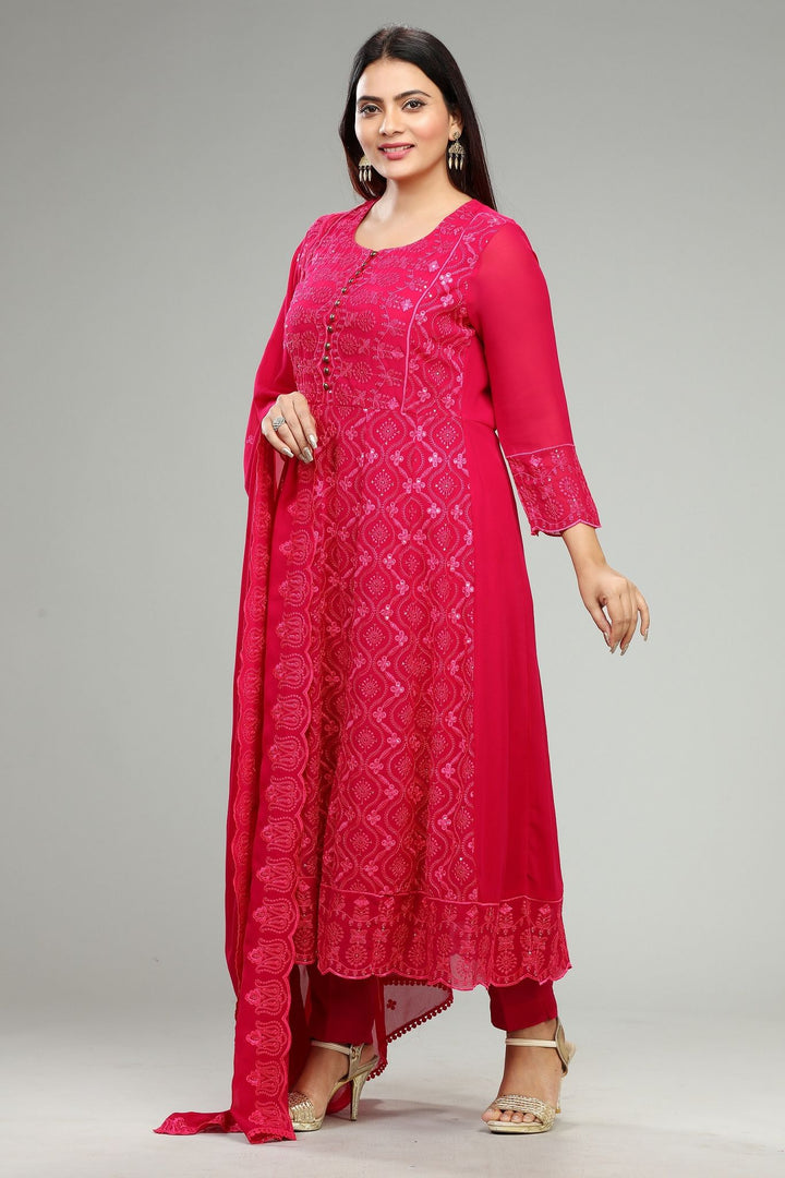 Hazel Rani Pink Georgette Embroidered Suit Set