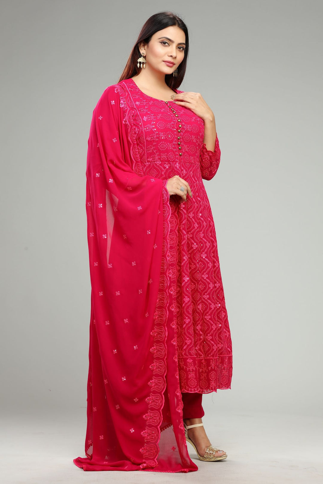 Hazel Rani Pink Georgette Embroidered Suit Set