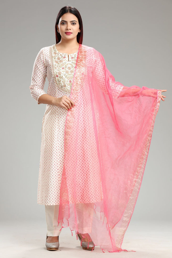 Hemakshi Off White Cotton Chanderi Embroidered Suit Set