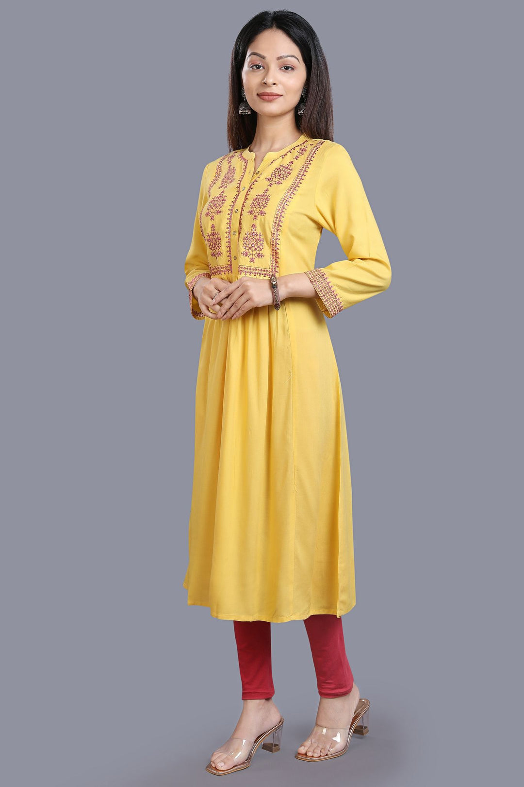 Yellow Rayon A Line Embroidered Kurta