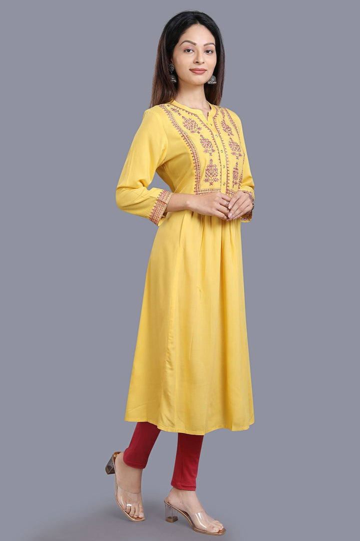 Yellow Rayon A Line Embroidered Kurta