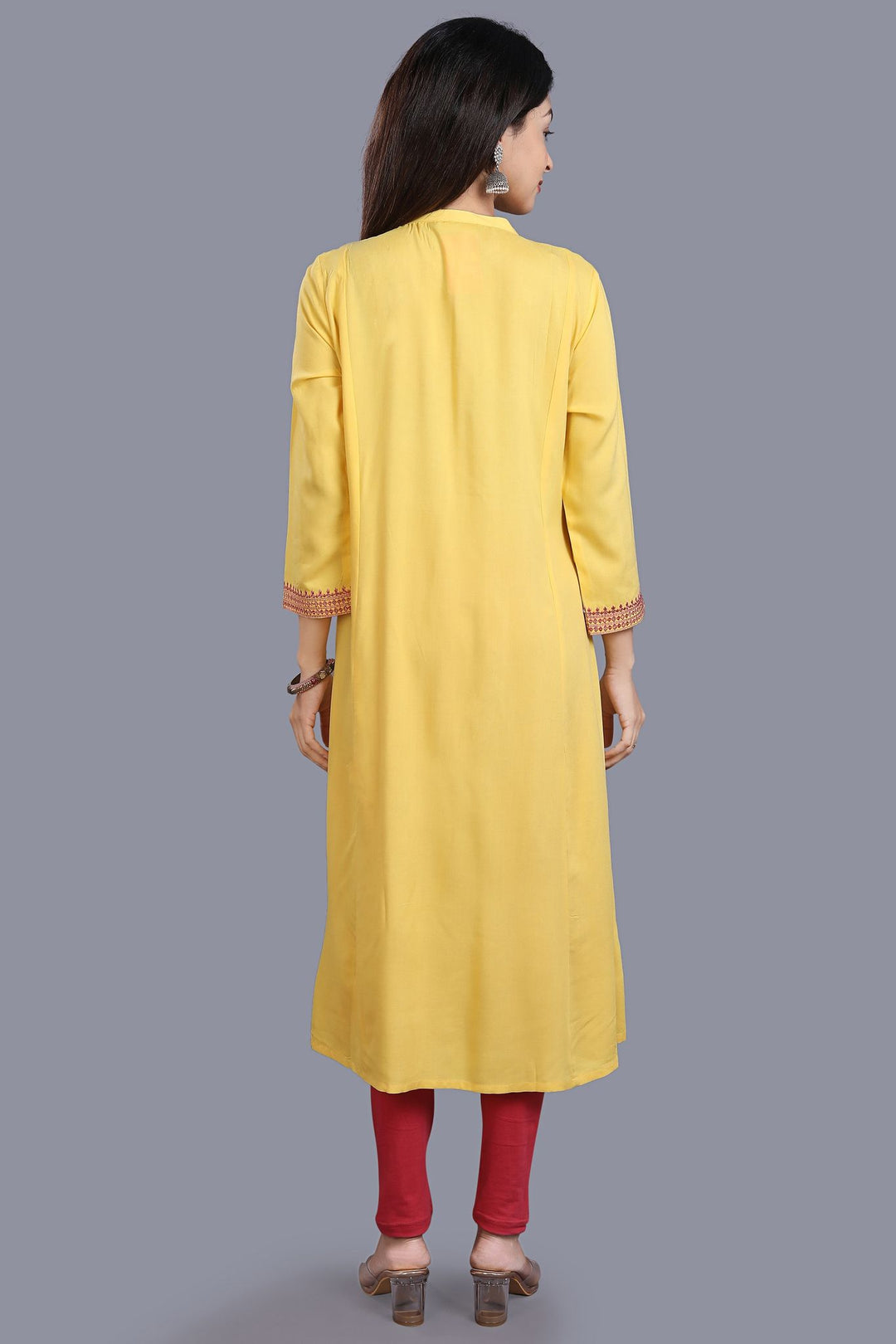 Yellow Rayon A Line Embroidered Kurta