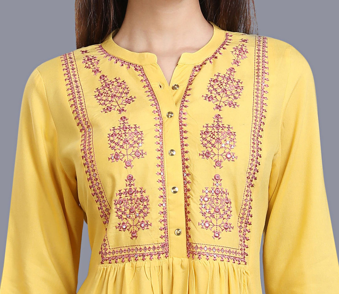 Yellow Rayon A Line Embroidered Kurta