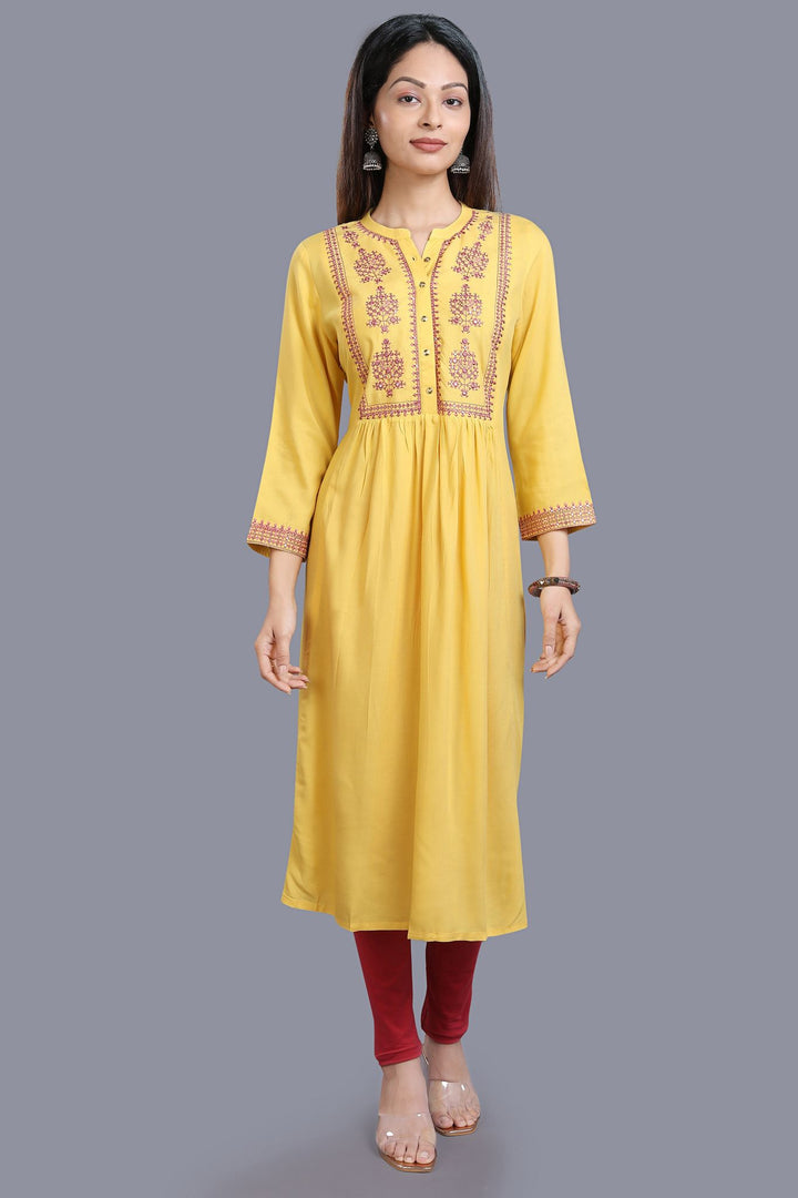 Yellow Rayon A Line Embroidered Kurta