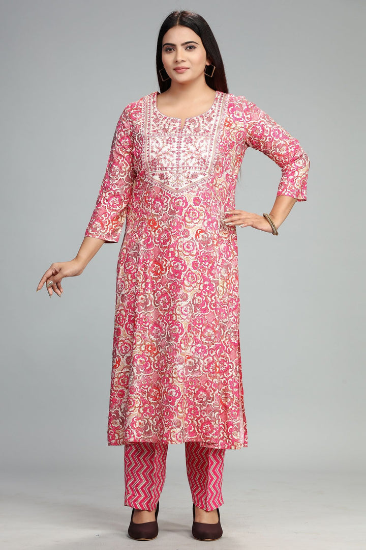 Hradini Pink Rayon Kurta With Pant Set