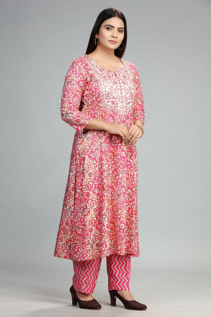 Hradini Pink Rayon Kurta With Pant Set