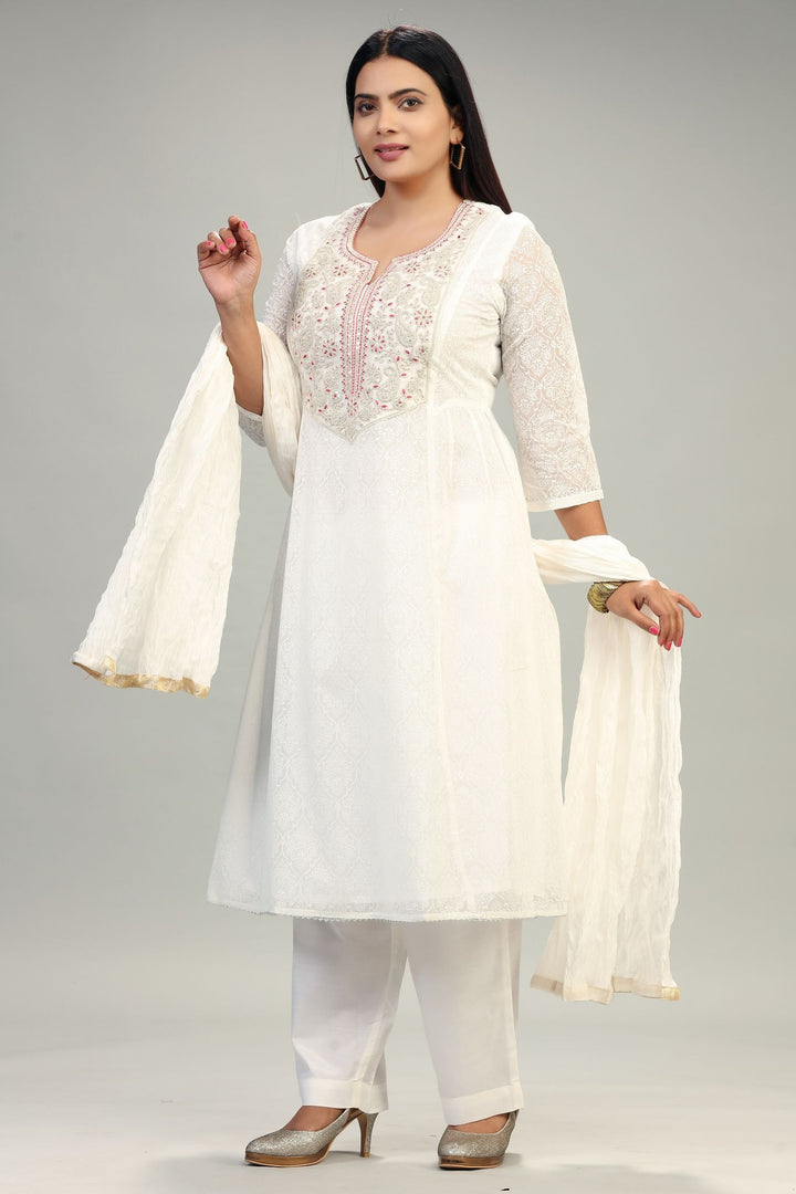 Humera White Cotton Embroidered Suit Set