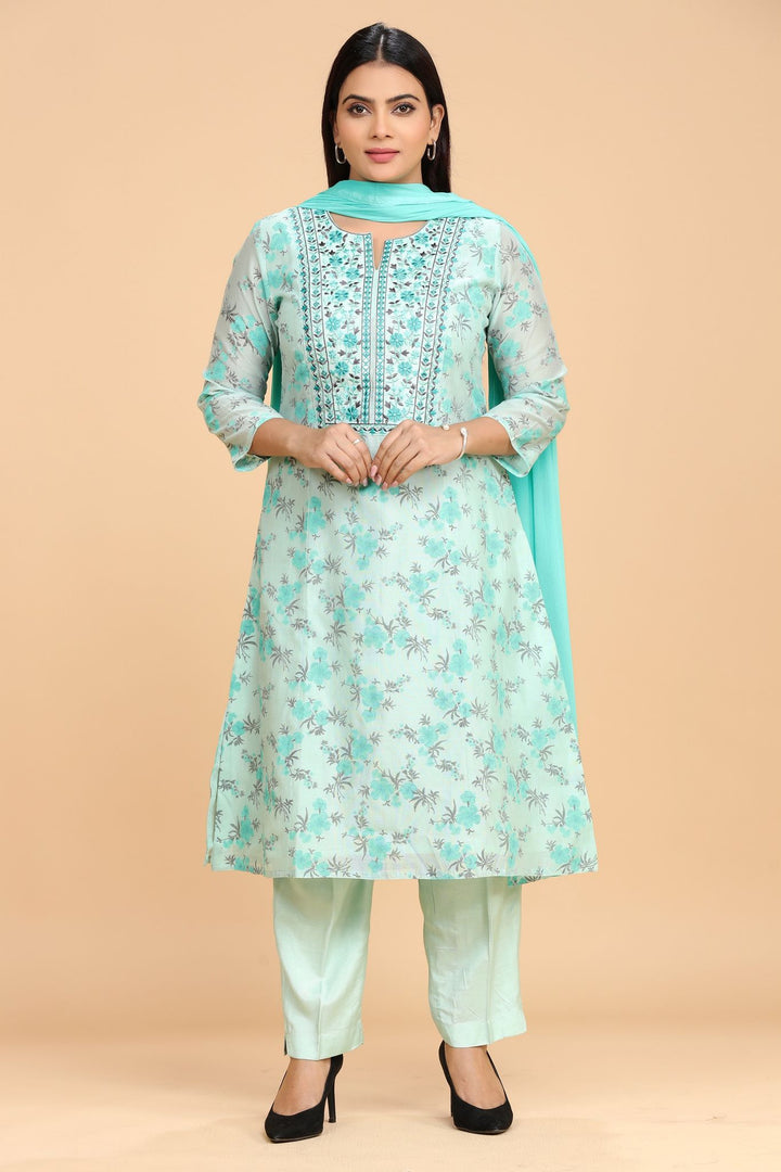 Idhitri Off White & Firozi Cotton Chanderi Embroidered Suit Set