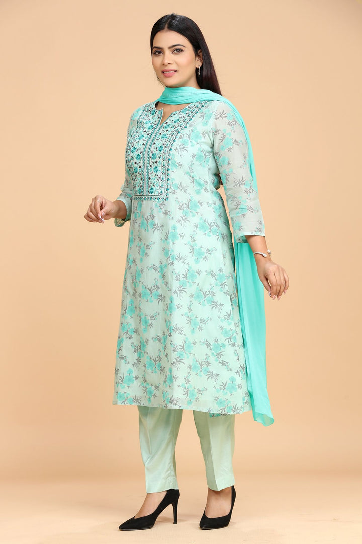 Idhitri Off White & Firozi Cotton Chanderi Embroidered Suit Set