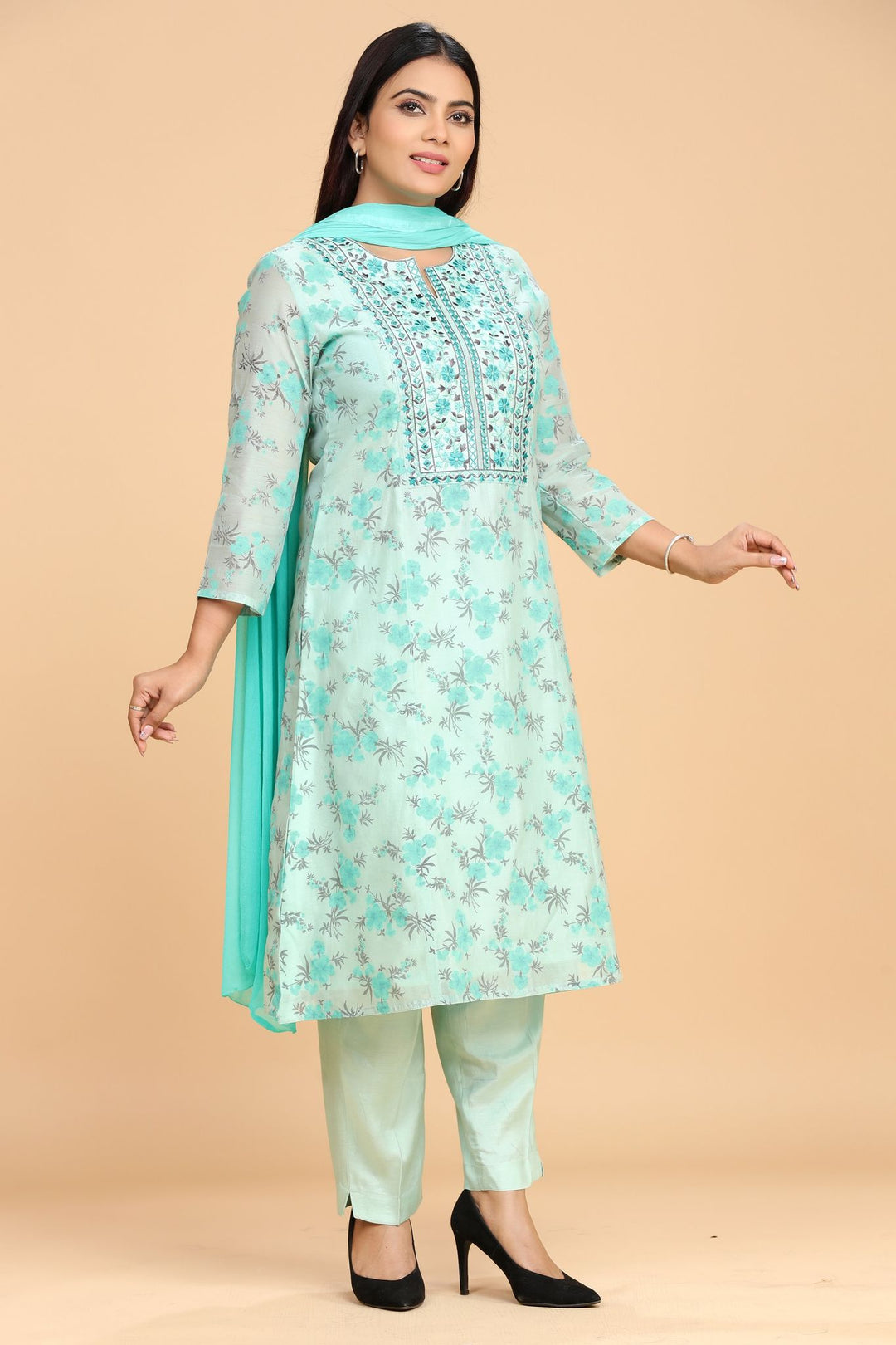 Idhitri Off White & Firozi Cotton Chanderi Embroidered Suit Set