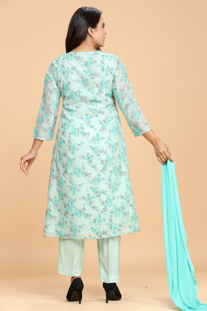 Idhitri Off White & Firozi Cotton Chanderi Embroidered Suit Set