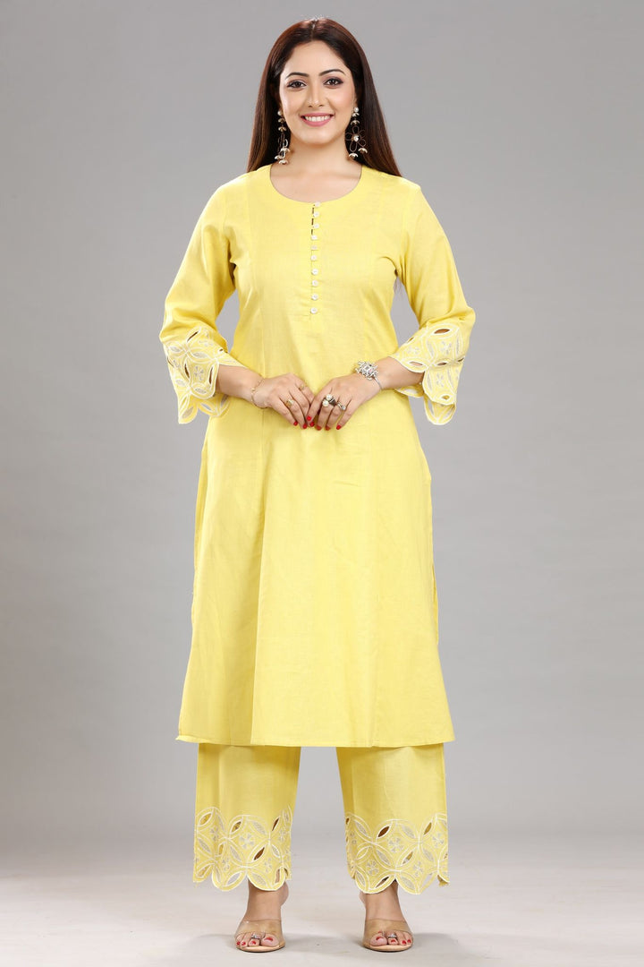 Yellow Cotton Silk Straight Embroidered Kurta Pant Co ord Set