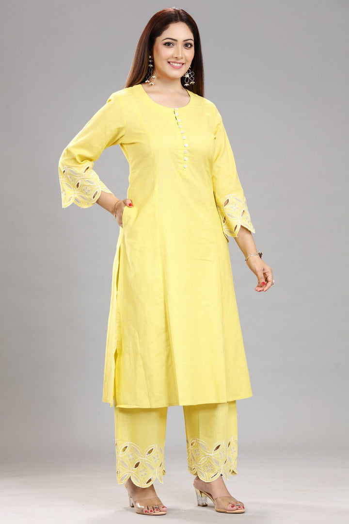 Yellow Cotton Silk Straight Embroidered Kurta Pant Co ord Set