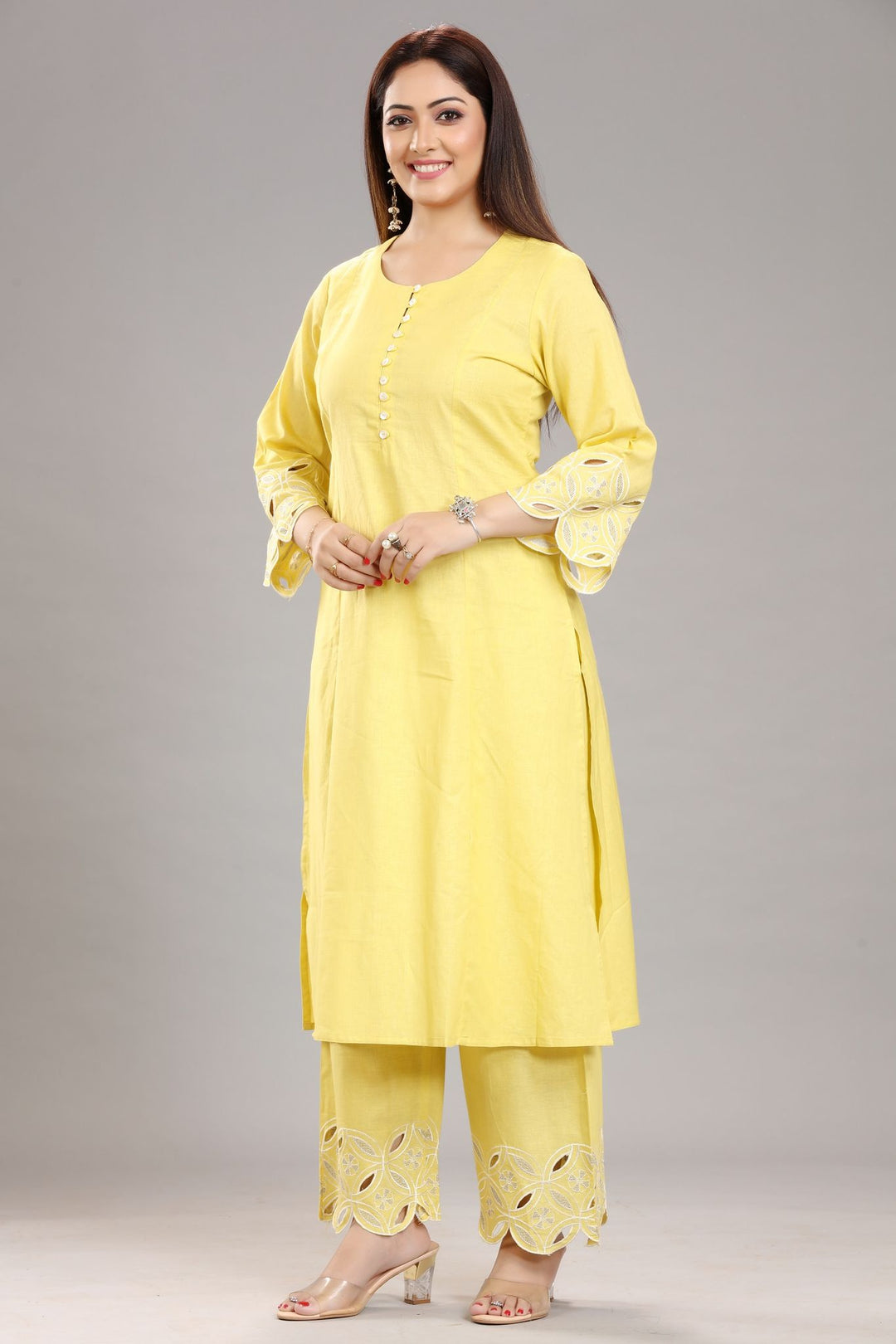 Yellow Cotton Silk Straight Embroidered Kurta Pant Co ord Set