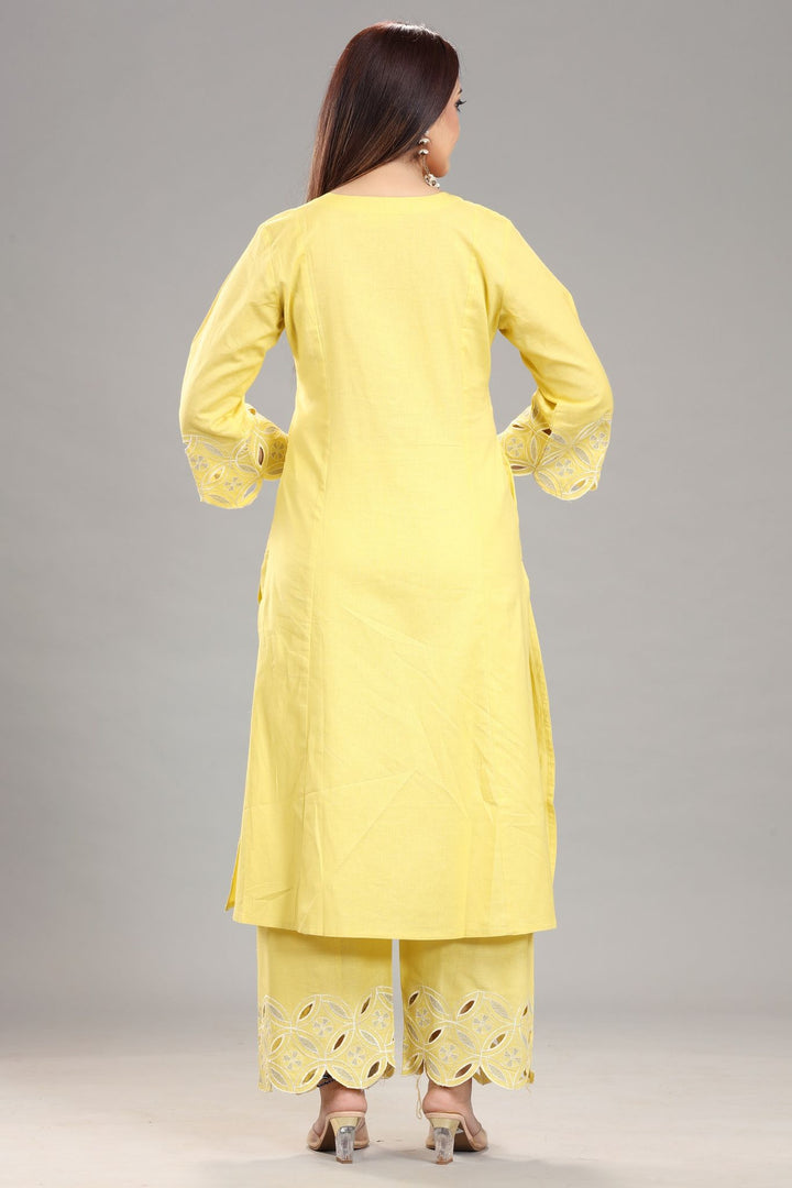 Yellow Cotton Silk Straight Embroidered Kurta Pant Co ord Set