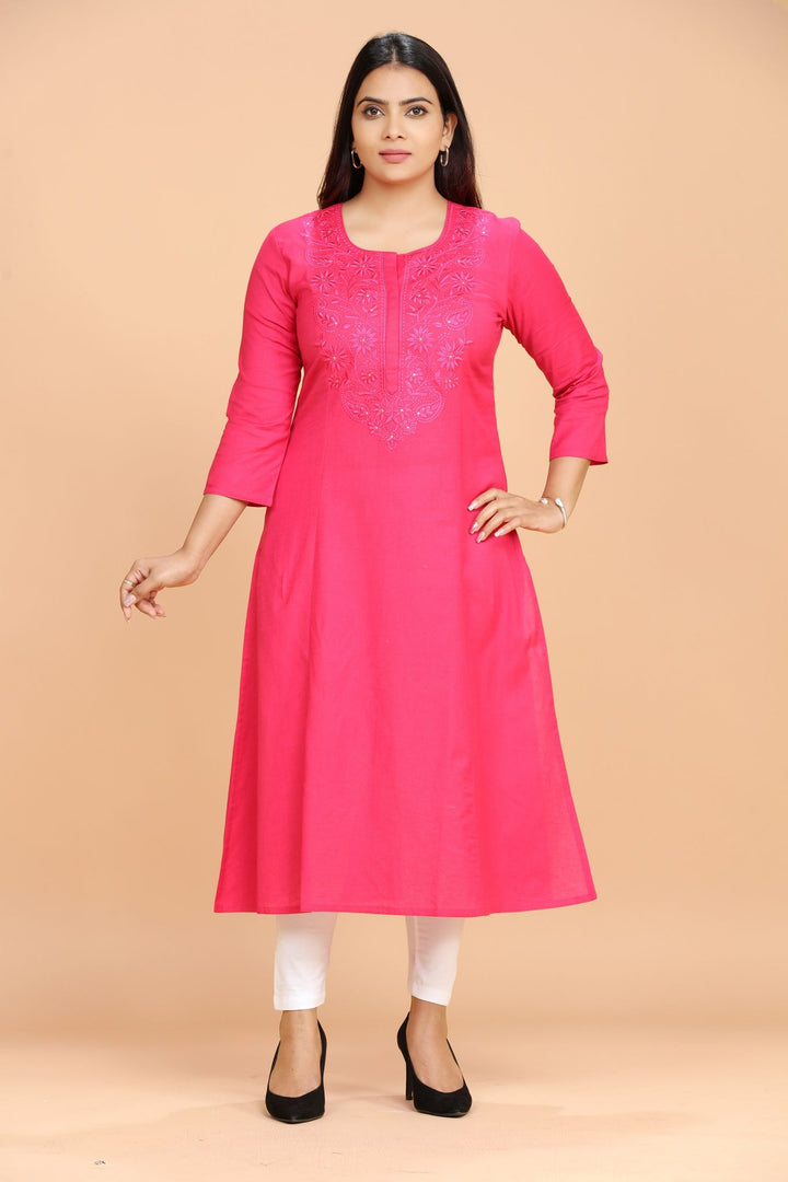 Rani Pink Cotton A Line Embroidered Kurti