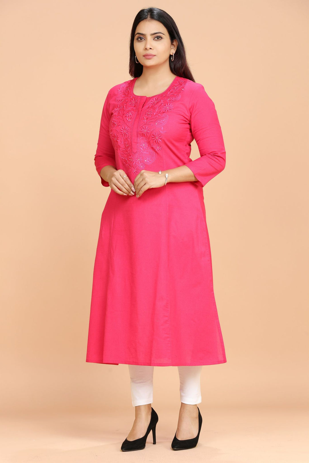 Rani Pink Cotton A Line Embroidered Kurti