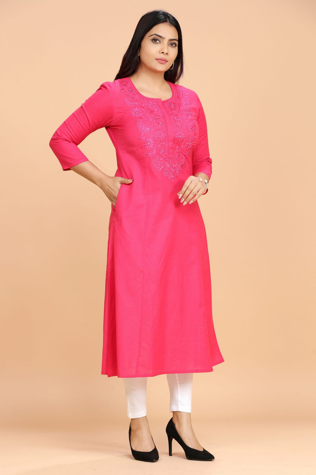 Rani Pink Cotton A Line Embroidered Kurti