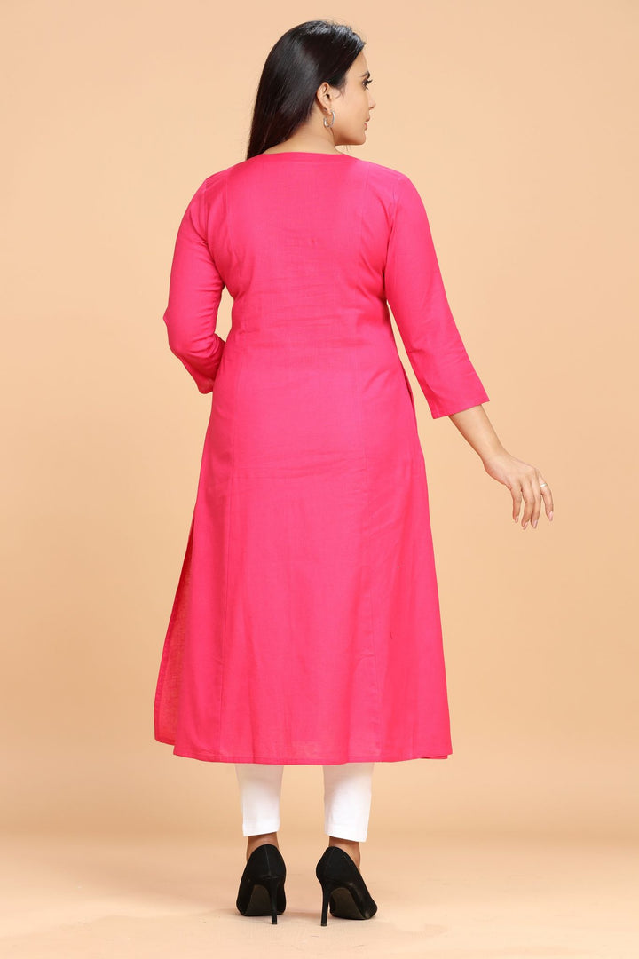 Rani Pink Cotton A Line Embroidered Kurti