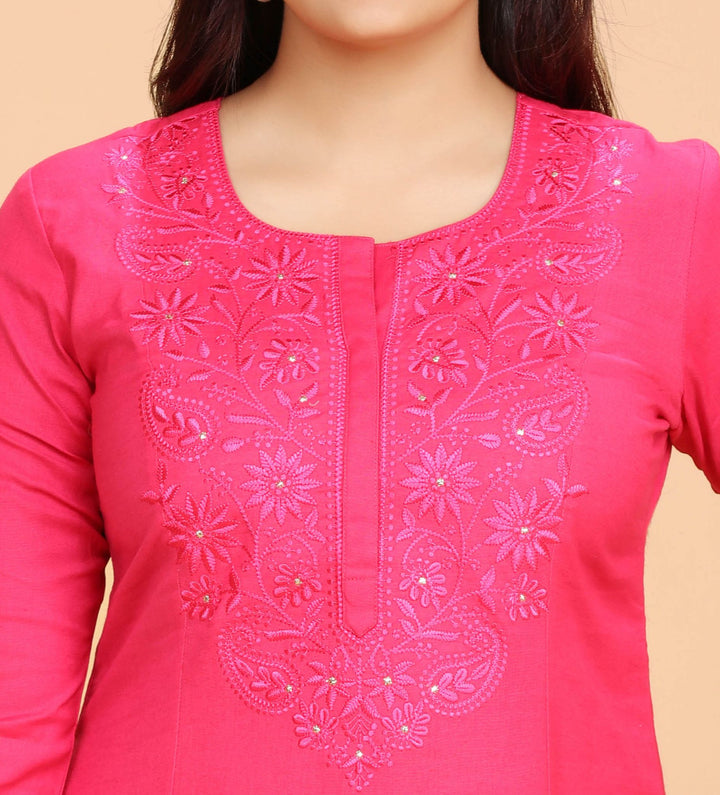 Rani Pink Cotton A Line Embroidered Kurti