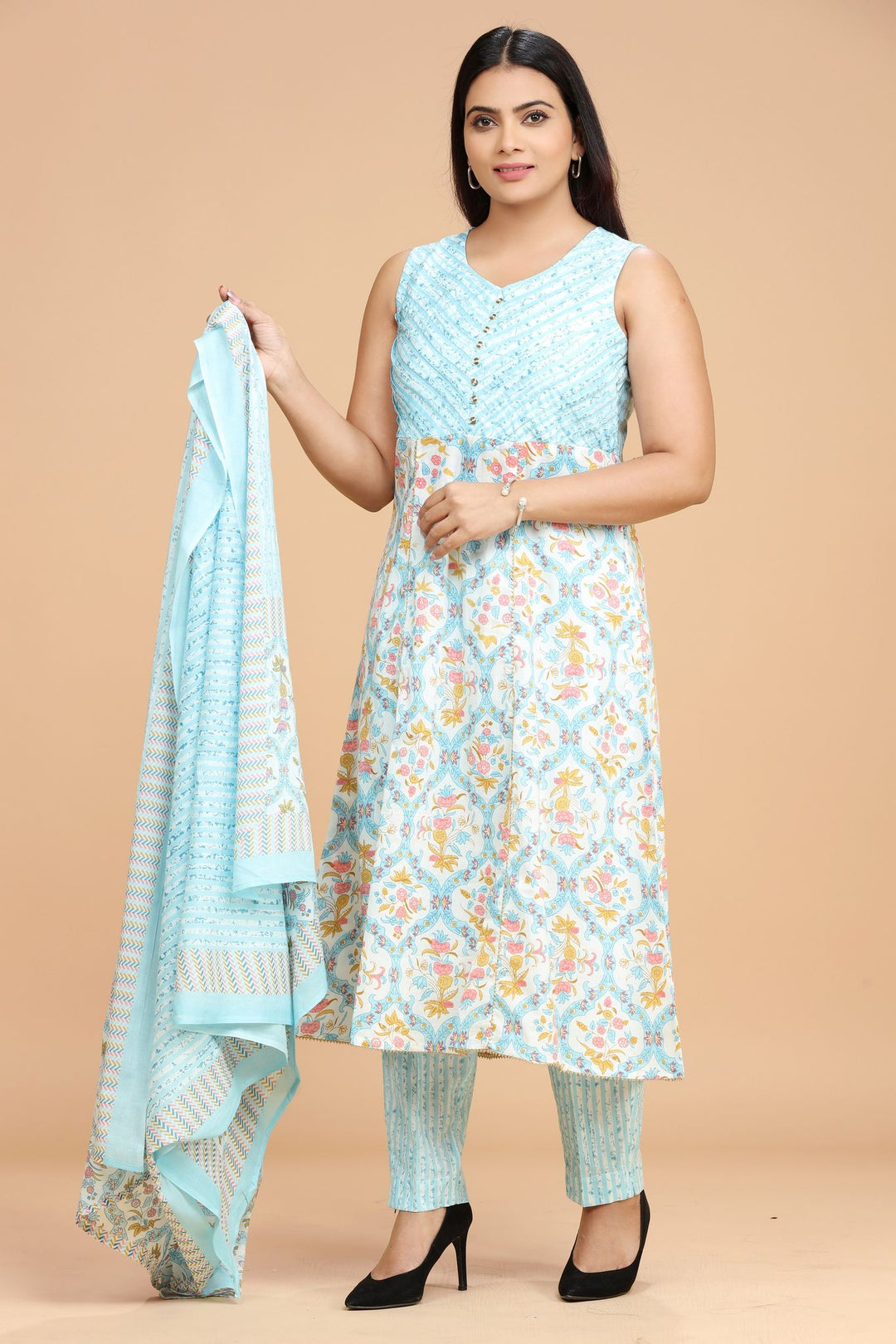 Jaanvika Sky Blue Jaipuri Cotton Suit Sets