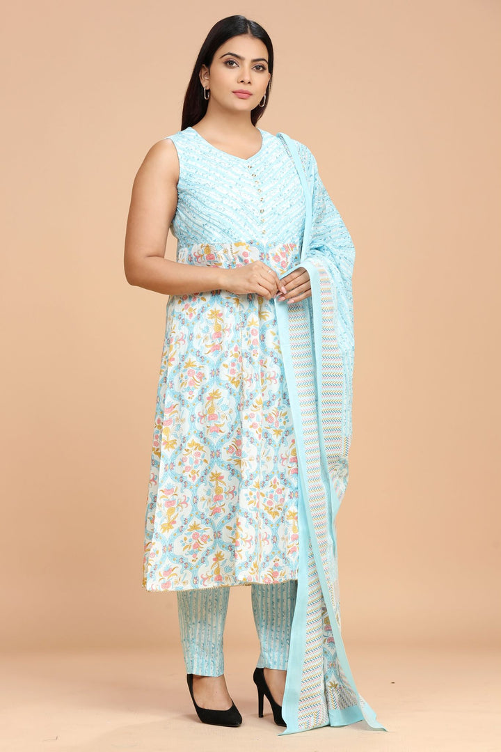 Jaanvika Sky Blue Jaipuri Cotton Suit Sets