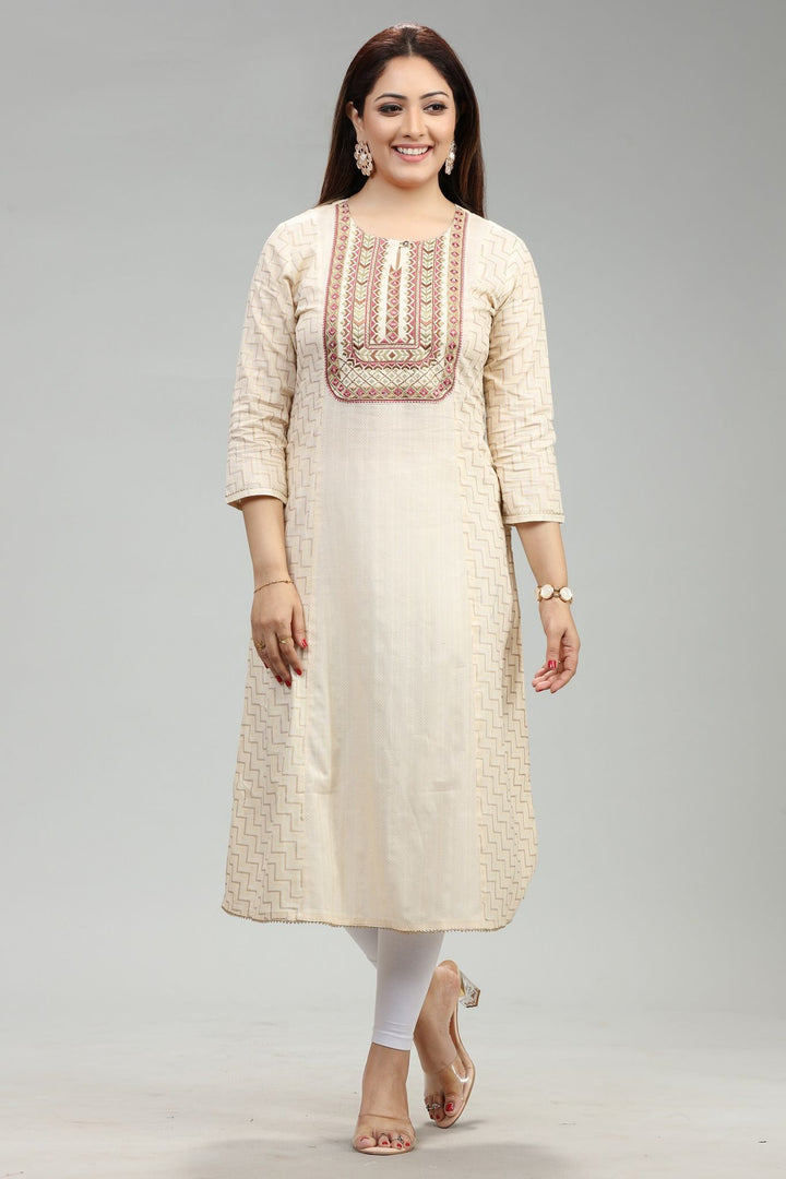 Cream Cotton Straight Embroidered Kurta