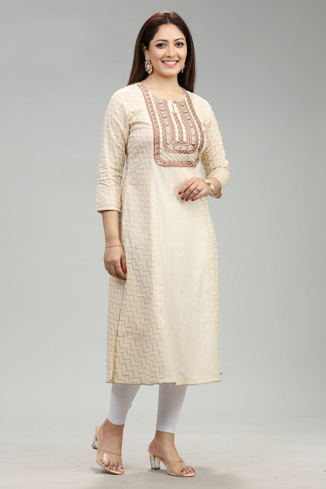 Cream Cotton Straight Embroidered Kurta