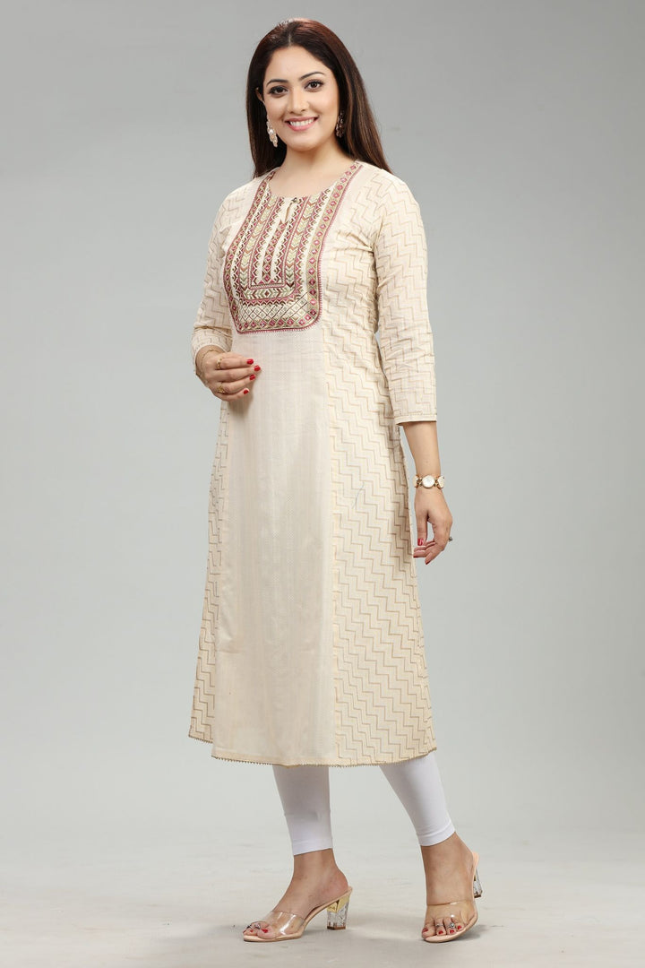 Cream Cotton Straight Embroidered Kurta