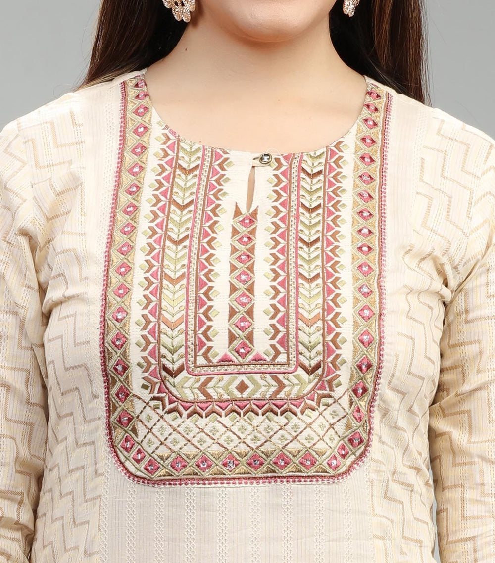 Cream Cotton Straight Embroidered Kurta