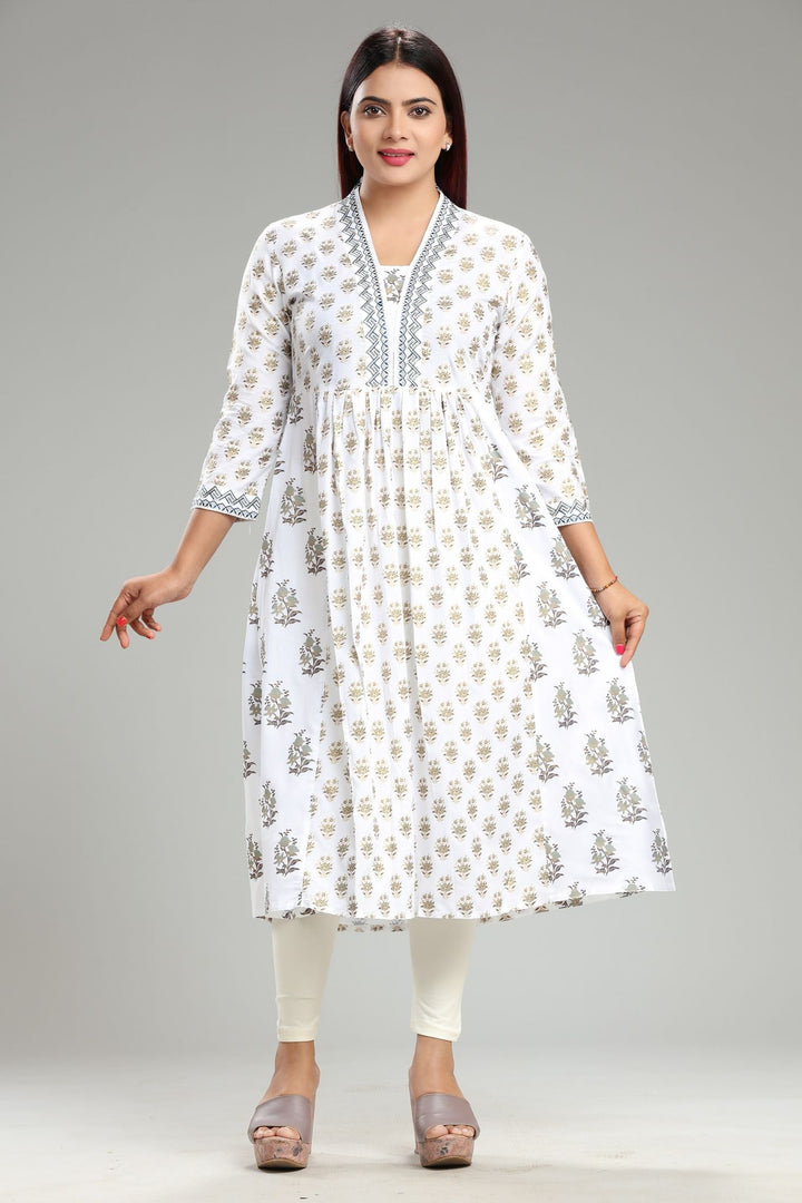 White Cotton Flared Printed Kurta