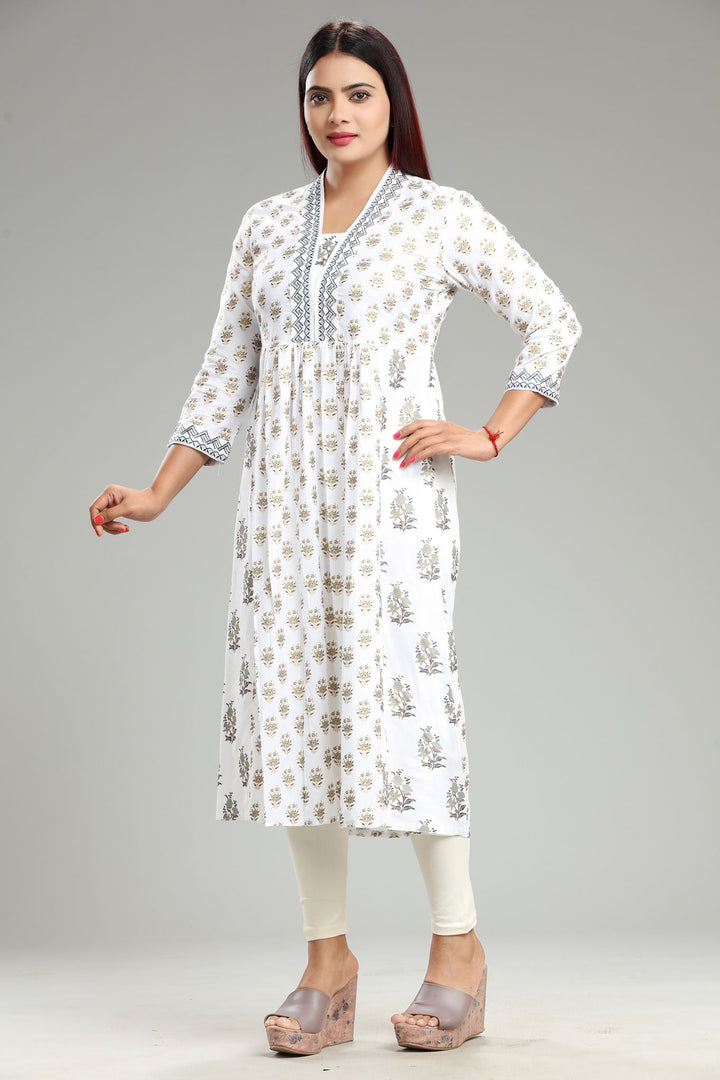 White Cotton Flared Printed Kurta