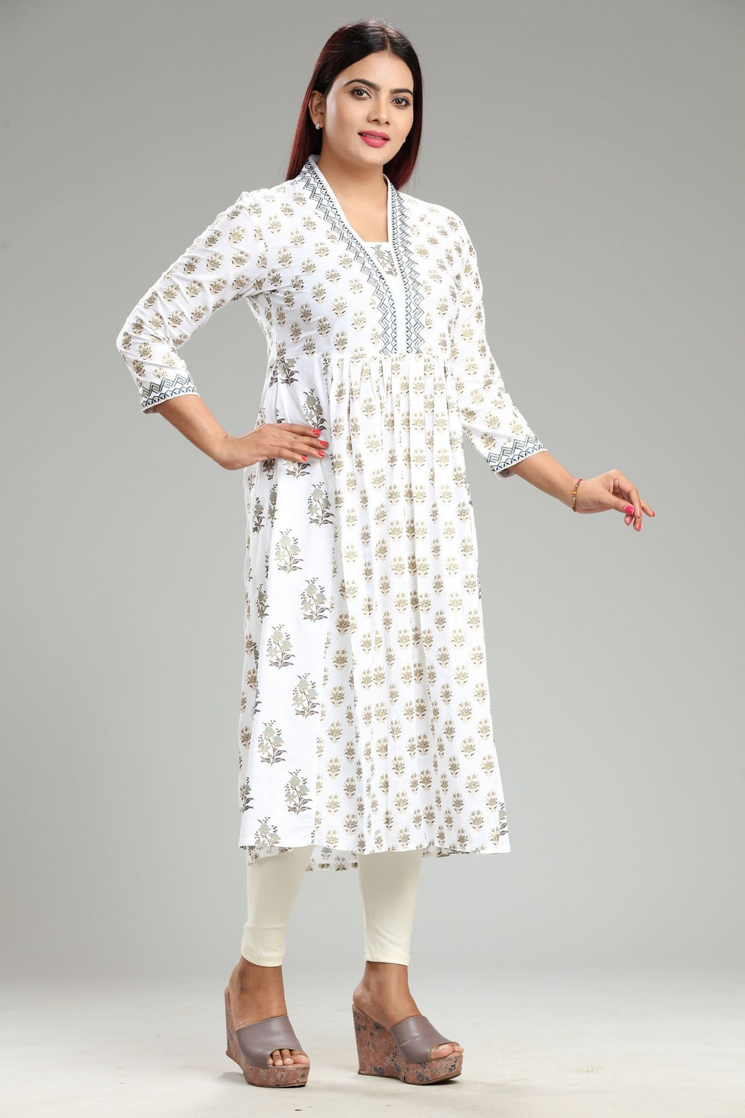 White Cotton Flared Printed Kurta