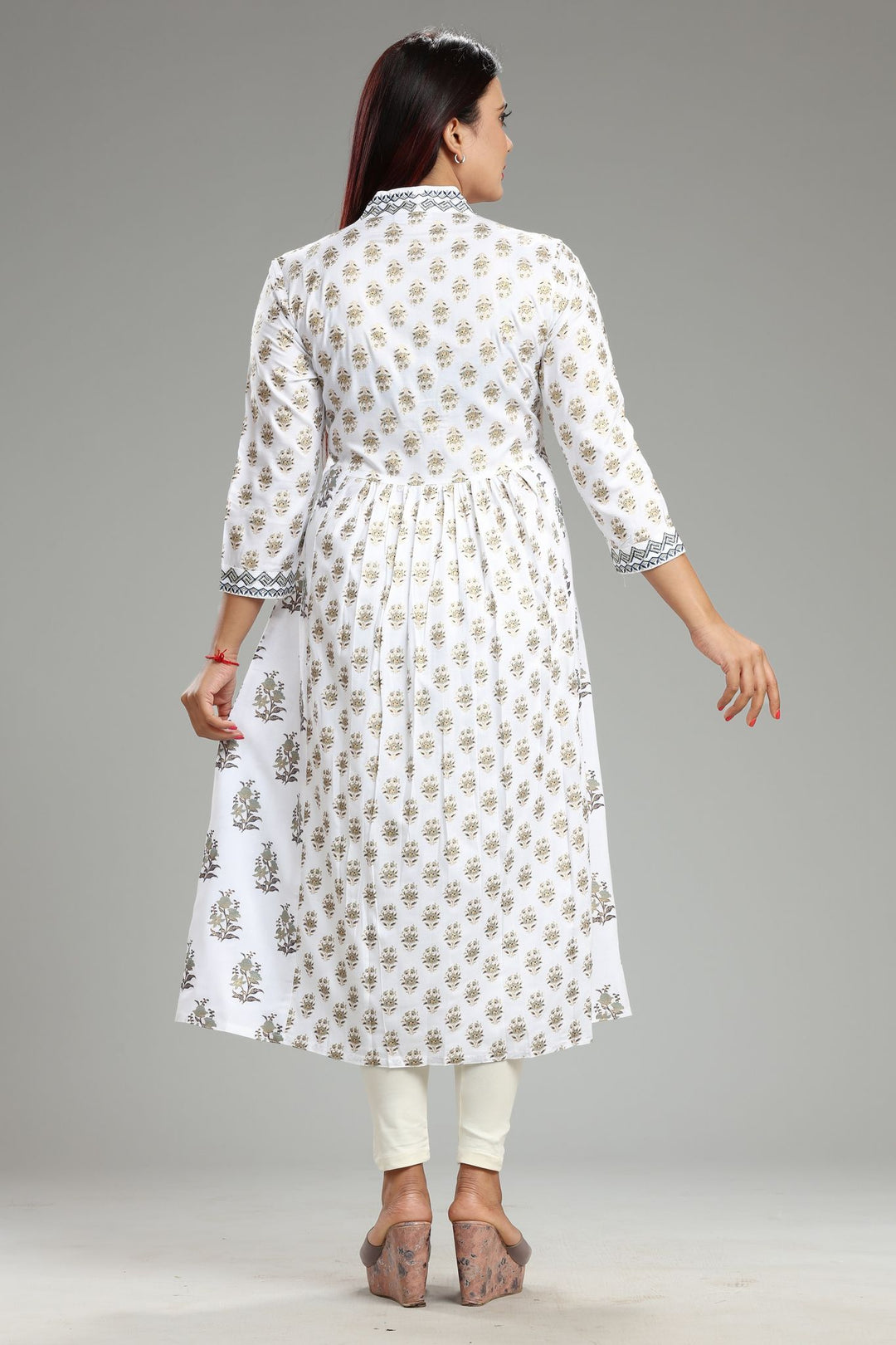 White Cotton Flared Printed Kurta