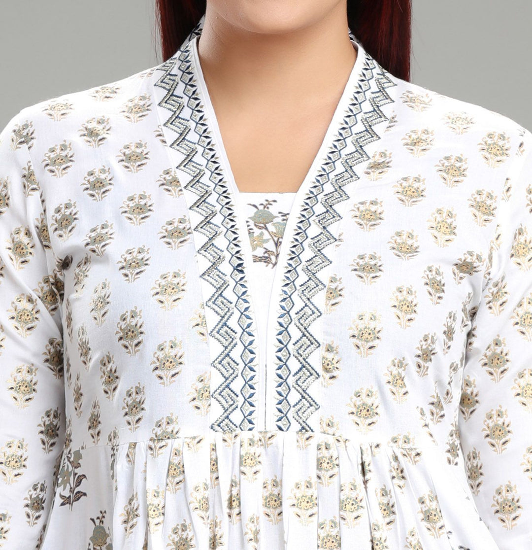 White Cotton Flared Printed Kurta