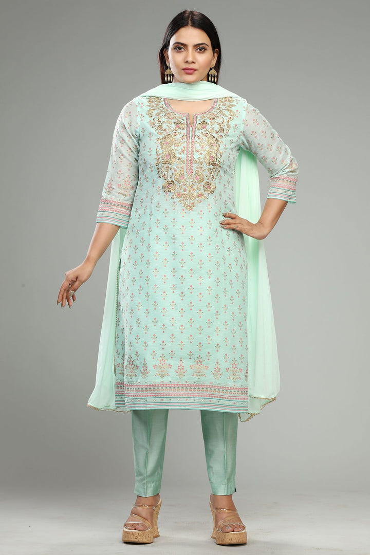 Jagvi Pista Green Chanderi Embroidered Suit Set for women