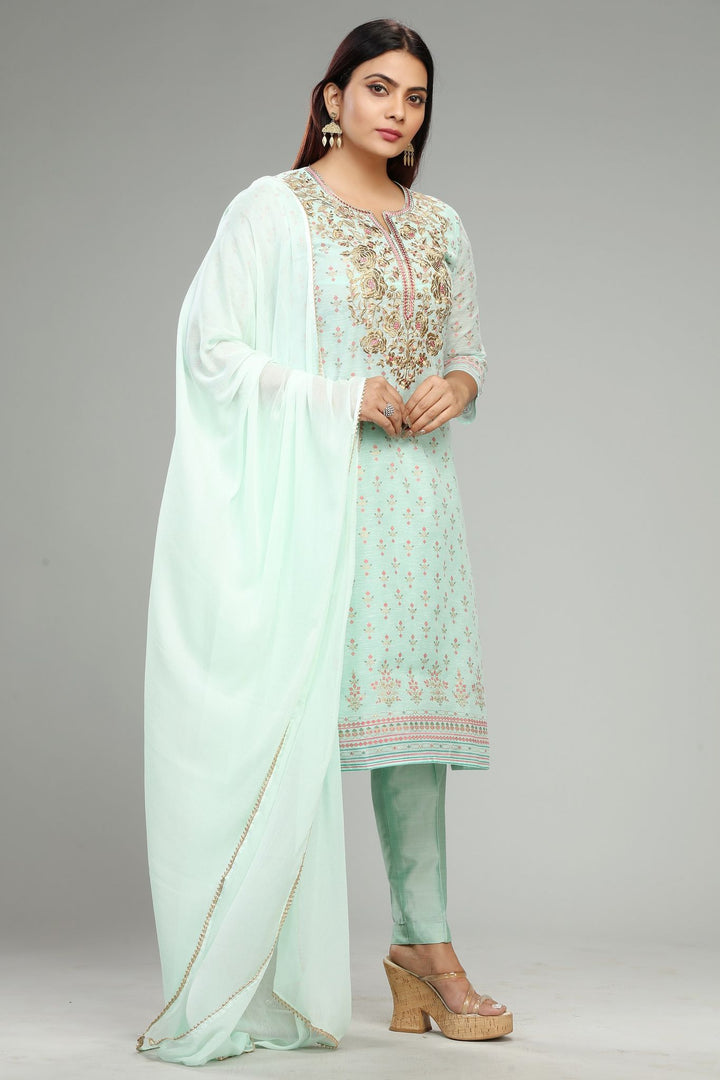 Jagvi Pista Green Chanderi Embroidered Suit Set for women