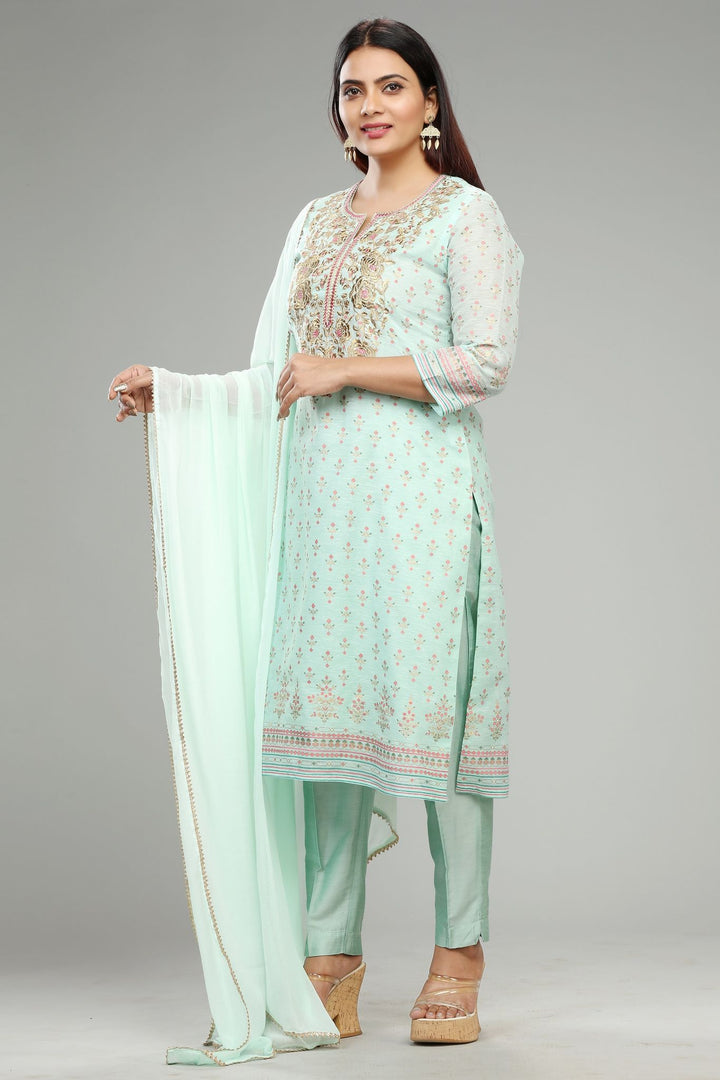 Jagvi Pista Green Chanderi Embroidered Suit Set