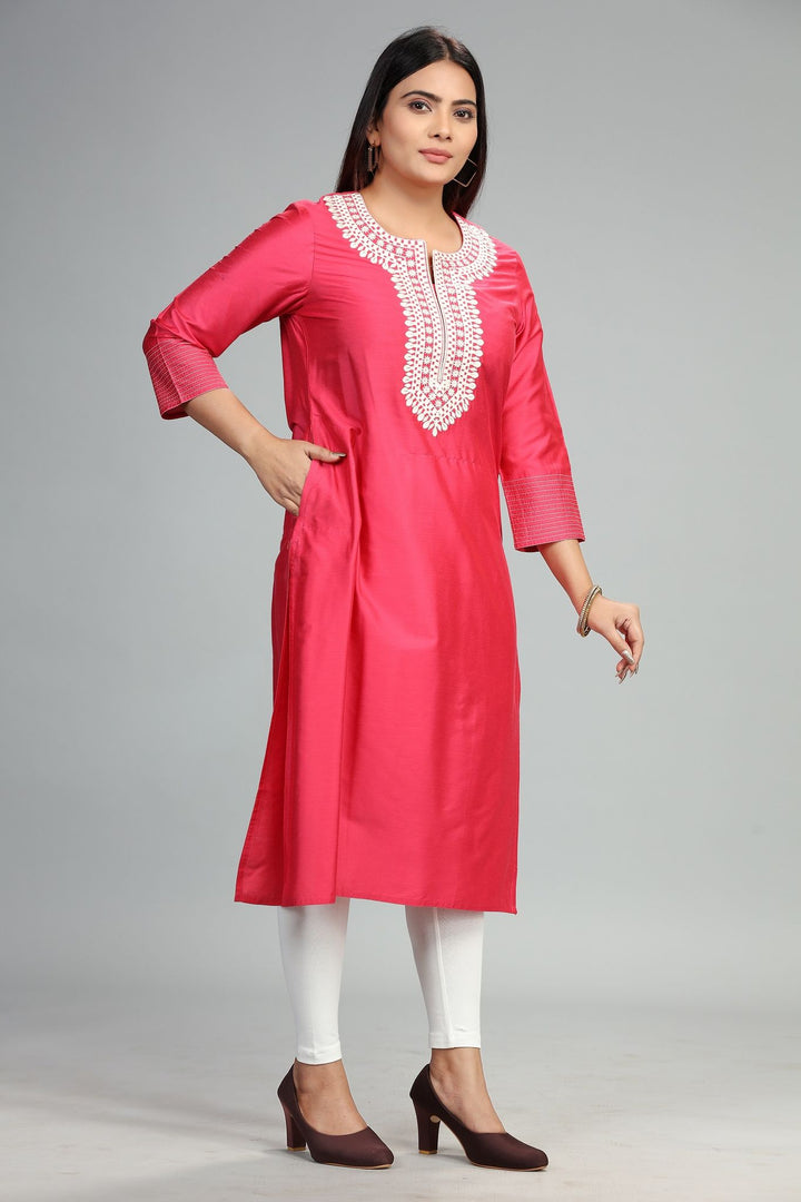 Pink Cotton Silk Straight Embroidered Kurta